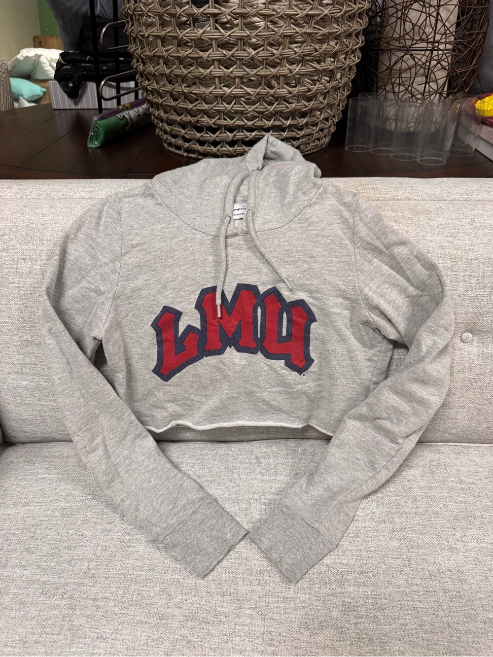Champion Gray Cropped Hoodie with Red & Navy LMU Logo